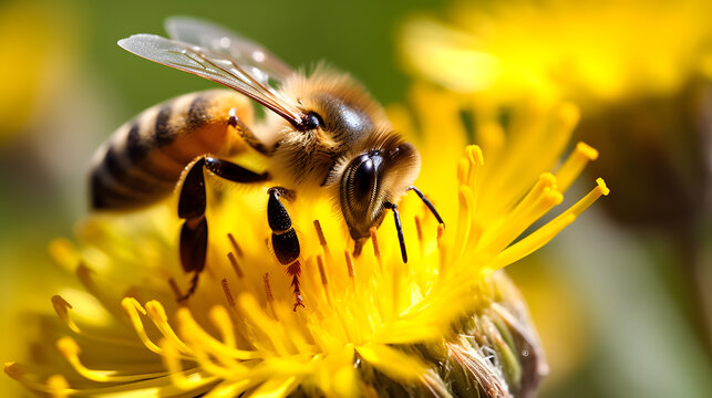 Close up de una hermosa abeja polinizando una flor amarilla en primavera mientras vuela alrededor
