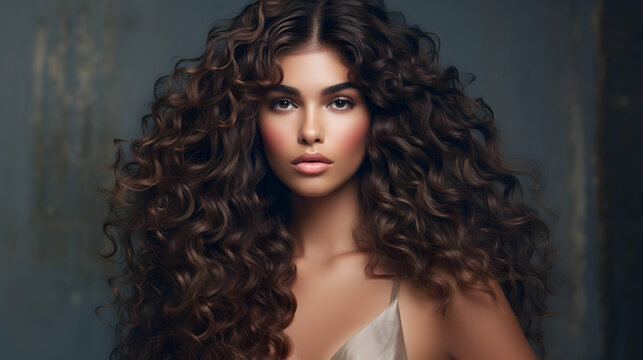 Hermosa joven latina con el cabello rebelde y alborotado en una fotograf&iacute;a de moda que resalta la textura de su cabello moreno IA Generativa