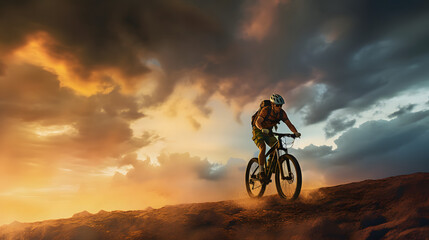 Ciclista hombre joven baja a toda velocidad en una pendiente de la montaña iluminada por el atardecer de un deportista extremo - obrazy, fototapety, plakaty