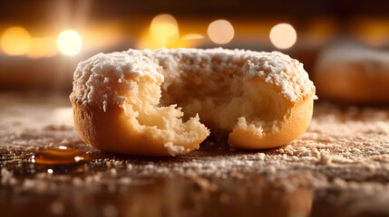 Close-up de media dona mordida con glaseado chorreando y azúcar de repostería espolvoreada