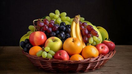 assorted fresh fruits in a square basket isolated on black background, High quality photo