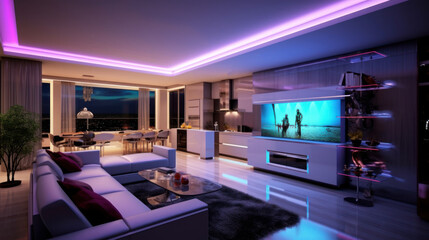 Modern Livingroom with multicolor led light - Smart home. Ai generated..