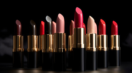 Obraz premium Colección de labiales multicolor sobre fondo en estudio fotográfico