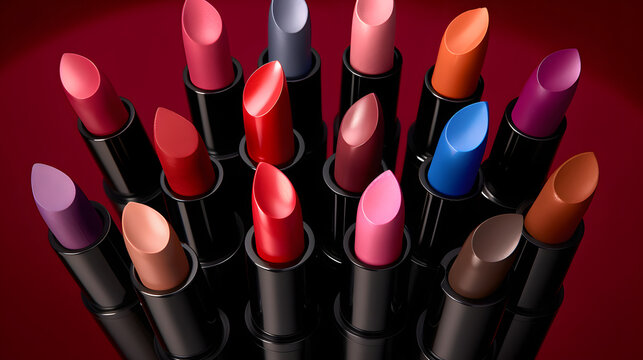 Colecci&oacute;n de labiales multicolor sobre fondo en estudio fotogr&aacute;fico