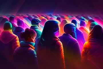 Fototapeta na wymiar Chromatic Rush - A Modern Illustration of Crowded People During the Golden Hour. Generative AI