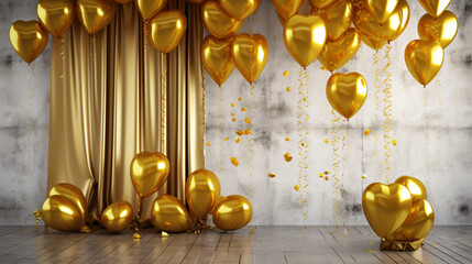 closeup of bunch of golden heart balloons, Generative Ai