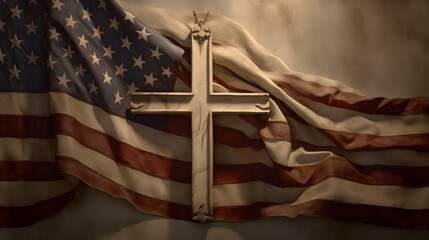 Bandera de Estados Unidos debajo de una cruz blanca en conmemoración del Memorial Day - obrazy, fototapety, plakaty