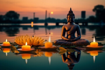 Buddha statue adorned with lotus and candlelight on riverbank for Vesak Day, generative AI