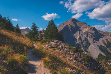 A picturesque landscape of the French Alps mountains on a hike from Chalets de Clapeyto to Col du Cros