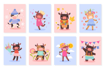Banners with cow set. Collection of posters with different seasons. Animal in swimsuit and winter clothes, with harvest and bouquet. Cartoon flat vector illustrations isolated on white background