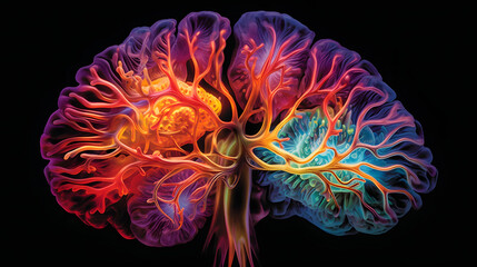 Maqueta del sistema neurológico con luces y colores en sus neuronas