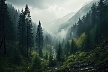 Fototapeta premium AI Generated a mountain forest with high trees myst and fog grim background