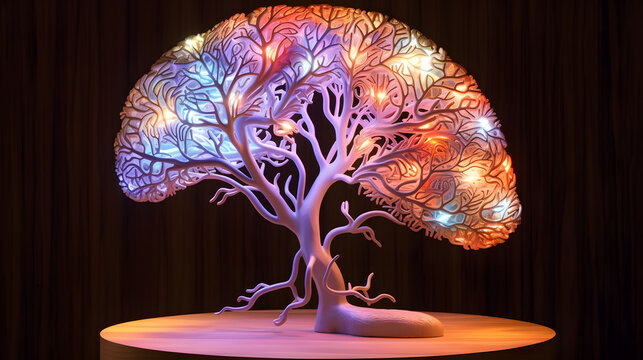 Maqueta cerebral del sistema neuronal en forma de árbol con ramas y luces