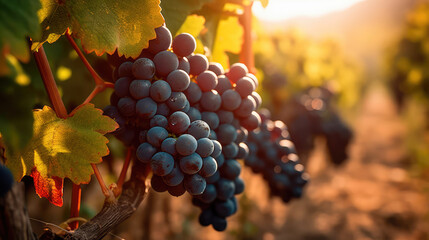 Fototapeta premium Bunch of grapes hanging from a tree branch in a vineyard at sunset. Generative AI