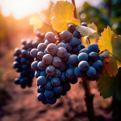 Fototapeta premium Bunch of grapes hanging from a tree branch in a vineyard at sunset. Generative AI