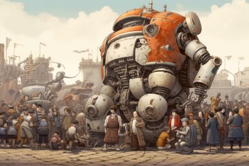 Fototapeta premium AI Generated a robot working with humans in the insdustrial background