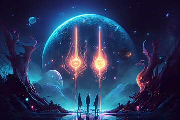 Two wands with whimsical moonlight galaxy planets. Abstract space Night background with stars and moon. High quality illustration.