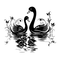 Swan family, vector, one color.