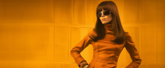 Naklejka premium Retro Revival, Fashionable Female Model with Shades in a 70's-inspired Orange Background. Generative AI. 