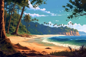 AI Generated beach view with forest and river background