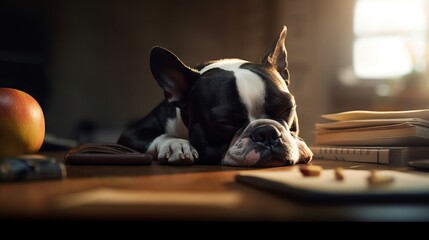 A Boston Terrier dog sleeping on a desk with homework. Generative AI. 