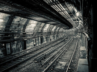 Subway underground tunnel with tracks and cables in black/white.