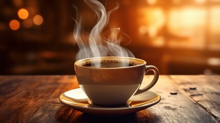 Hot Cup of coffee on wooden table. Generative AI