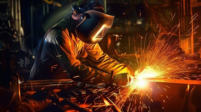 Skilled welder in action as he uses a welding torch to fuse metal together. Generative AI