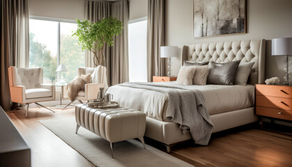 Modern living room with sofa. Sleek and contemporary master bedroom with a neutral color palette.