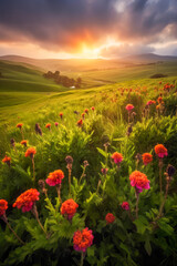 Fototapeta na wymiar poppy field in the sunset