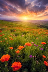 Plakat poppy field in the sunset