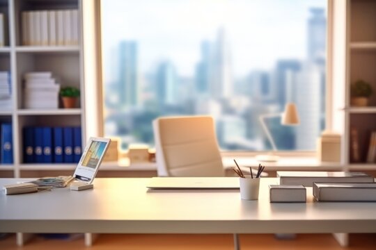 AI Generated Blurred office workspace in the day view background