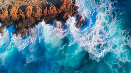 aerial top down view of ocean water waves crashing onto rocks