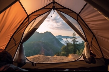 The door tent view lookout camping in the morning. Glamping camping teepee tent Generative AI