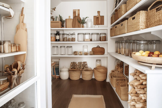 Food pantry closet cupboard in cottage home. Generative AI. 