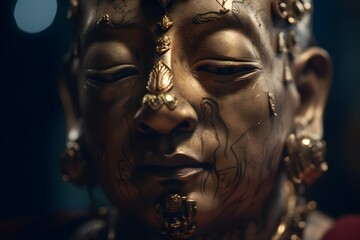 Fototapeta na wymiar Close up of a golden statue of a buddha in temple