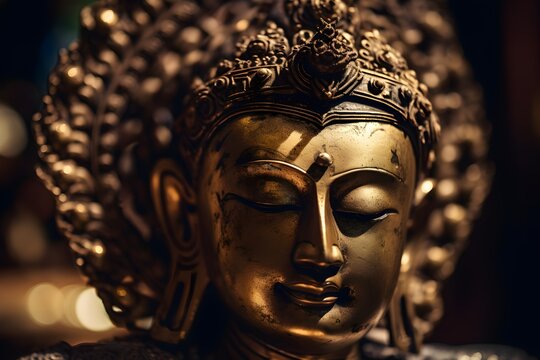 Close up of a golden statue of a buddha in temple