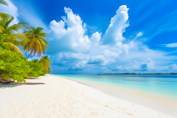 Fototapeta na wymiar A picturesque view of Maldives island's tropical beach, with its soft white sand, towering palm trees, and pristine turquoise waters, all created by Generative AI