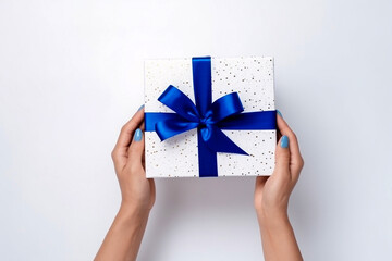 Woman hands holding white gift box with blue ribbon over the white background. Generative AI