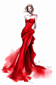 Fashion sketch of a model wearing a long night red dress. Generative AI
