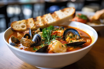 Hearty bowl of seafood bouillabaisse, a homemade and rustic dish with a coastal twist. French cuisine and comfort concept. AI Generative - obrazy, fototapety, plakaty