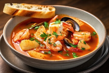 Hearty bowl of seafood bouillabaisse, a homemade and rustic dish with a coastal twist. French cuisine and comfort concept. AI Generative - obrazy, fototapety, plakaty