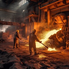 Workers work at a metallurgical plant. Liquid metal is poured into molds. A worker controlling the melting of metal in furnaces.