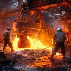 Workers work at a metallurgical plant. Liquid metal is poured into molds. A worker controlling the melting of metal in furnaces.
