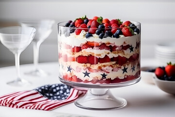 Patriotic festive trifle in big bowl with American flag for Independence Day. Summer layered dessert for 4 of July. Close up. Generative AI.