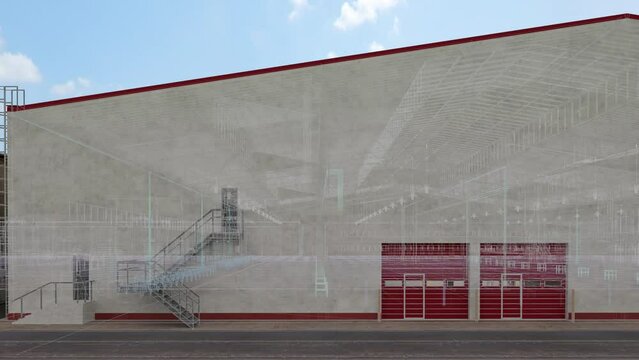 BIM Warehouse project flythrough, store, magazine, storehouse, depot, repository, rendering 3d, 3d illustration