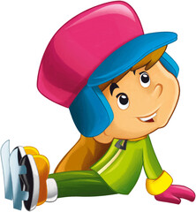 Obraz premium cartoon scene with young boy sitting or having accident on ice skating doing sport isolated illustration for children