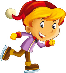 cartoon scene with young boy ice skating doing sport isolated illustration for children