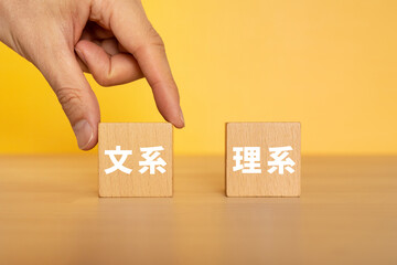 文系と書かれたブロックを選ぶ人