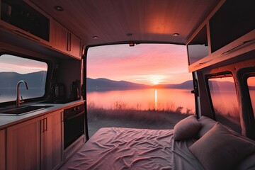 Sunset seen from back of camper van with amazing landscape. Concept of nature and having freedom in holiday.ai generated